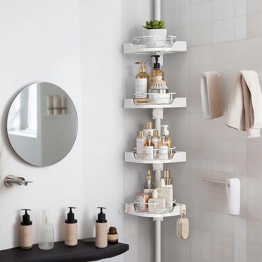 shuang qing 360° Rotating Corner Shower Caddy Tension Pole Organizer - 4-Tier Adjustable Rustproof Metal Pole, Plastic Shelves with Safety Guardrail, Bathroom Storage for Shower & Bathtub(White)