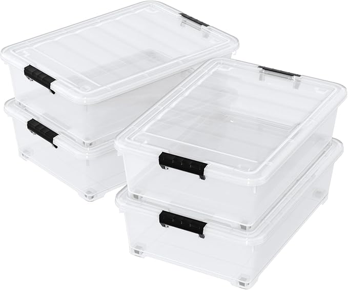 Zerdyne 25 L Clear Under Bed Storage Bins with Lids, 4-Pack Under Bed Plastic Latch Storage Box with Wheels