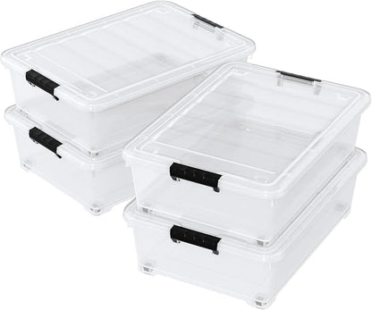 Zerdyne 25 L Clear Under Bed Storage Bins with Lids, 4-Pack Under Bed Plastic Latch Storage Box with Wheels