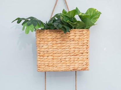 YAHUAN Woven Water Hyacinth Hanging Basket 2-Tiered Rectangular Storage Baskets Over the Door Organizer Hanging Organizer Hanging Wall Basket for Home,Kitchen,Garden, Office (Rectangular)