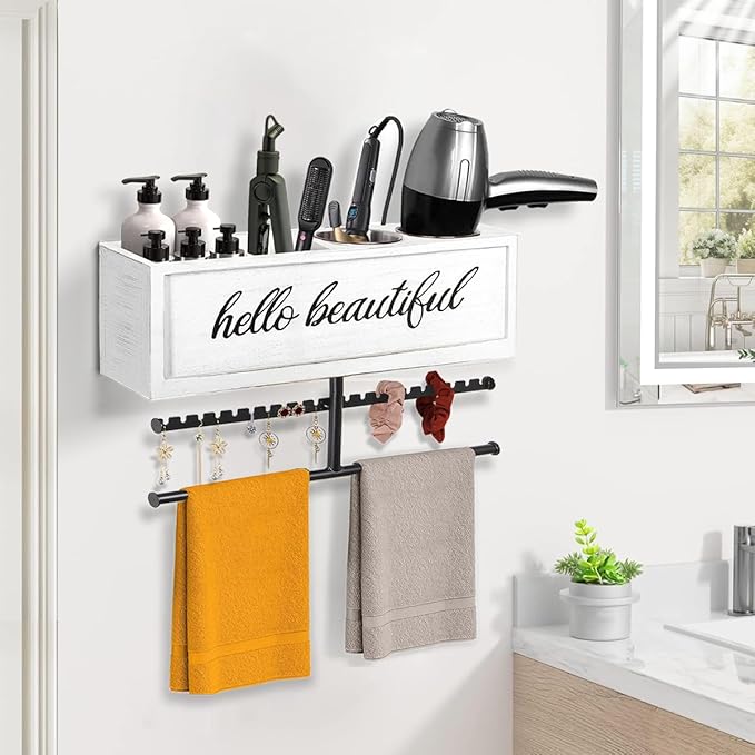 Ronjnndc Rustic Hair Dryer Holder Wall Mounted,Hair Styling Tools & Accessories Organizer,Bathroom Supplies & hot Tools vanities Organizer Caddy,for Storage Flat Iron,Blow Dryer,Curling Iron (White)