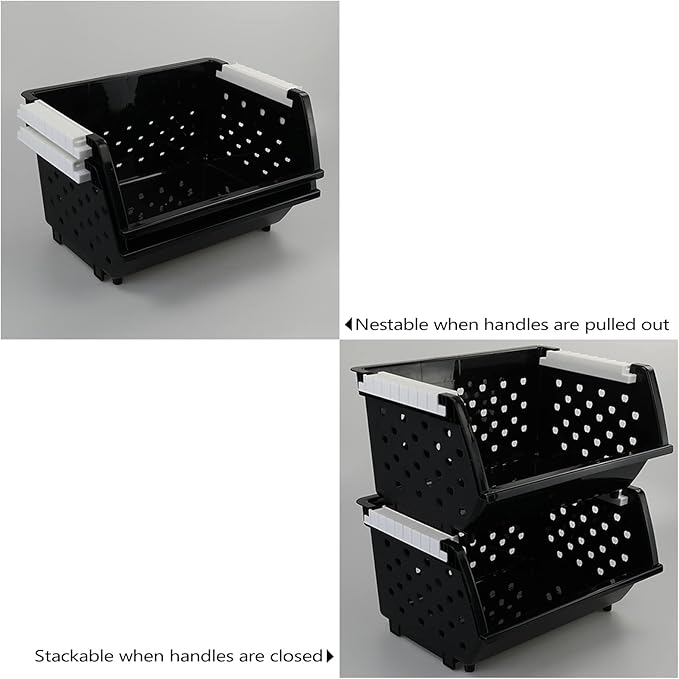 Jekiyo 4 Packs Large Stackable Storage Bins, Plastic Stacking Basket, Black