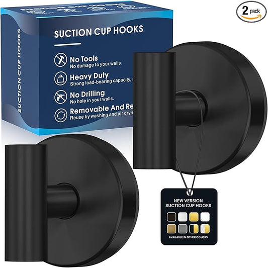 MOTAIPEAK Suction Cup Hooks for Shower,Heavy Duty Shower Towel Suction Hooks,No Drill Wall Mounted Towel Hooks for Bathrooms Wall,Kitchen,Glass,Mirror,Tile to Hang Towels,Robes,Coat-Black(2 Pack)