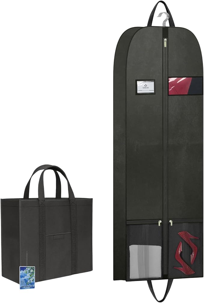 Dress Bags for Gowns 60", Long Garment Bags for Hanging Clothes Travel with Pockets and Zipper, Gusseted Garment Bag for Dress, Shows Dance Costume, Tuxedos, Clothes Protector Suit Cover Bags Black