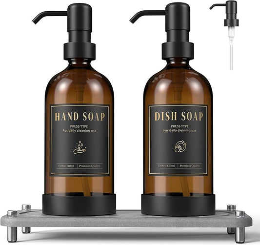 Luxspire Soap Dispenser Set, Hand Soap Dispensers with Fast Drying Tray, 17 oz Glass Refillable Liquid Bottle for Bathroom & Kitchen, Kitchen, 2 Pack, Brown + Dark Gray