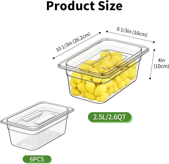 FORITRUE 1/4 4'' 6 Pack Plastic Food Pans With Lids, Clear Food Pan, Commercial Stackable Polycarbonate Freezer-Safe for Fruits Vegetables Restaurant Kitchen