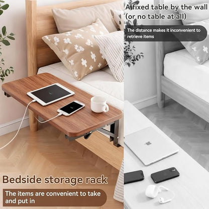 HomeBeyond Foldable Wooden Bedside Shelf, Simple Night Stand & Side Organizer for Phone, Tablet, Water Cup, Books – No-Hole Bedside Caddy for Easy Storage