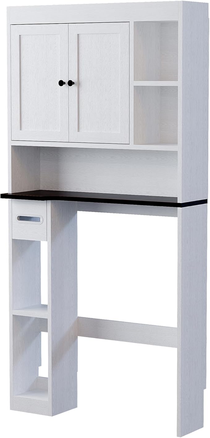 Nivisre Over The Toilet Storage Cabinet with 7 Shelves, Imitation Walnut Grain Above Toilet Bathroom Organizer with Toilet Paper Holder Stand, Space Saver for Restroom, Bathroom, Laundry (White)