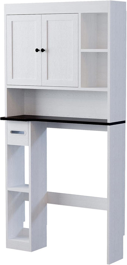 Nivisre Over The Toilet Storage Cabinet with 7 Shelves, Imitation Walnut Grain Above Toilet Bathroom Organizer with Toilet Paper Holder Stand, Space Saver for Restroom, Bathroom, Laundry (White)