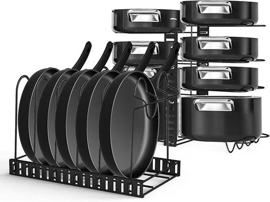 JOYART Pot and Pan Organizer, 8 Tiers Pot Lid Organizer, Adjustable Pots and Pans Organizer Under Cabinet with 3 DIY Methods for Kitchen Cabinet Cookware Organizers and Storage