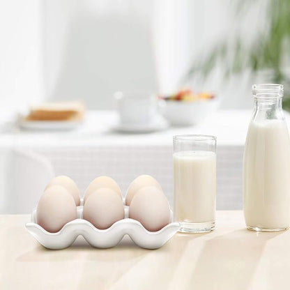 Flexzion Porcelain Egg Crate - 6 Capacity Ceramic Tray, Half Dozen Holder, White Decorative Serving Dish and Storage Organizer, 2 Pack