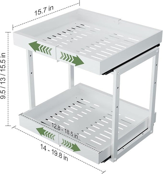 2 Tier Pull Out Cabinet Organizer ,Adjustable Width & Height, Expandable Pull-Out Drawers For Cabinets, Slide Out Shelves for Kitchen Cabinets / Countertop / Pantry,Heavy-Duty & Easy to Install(White)