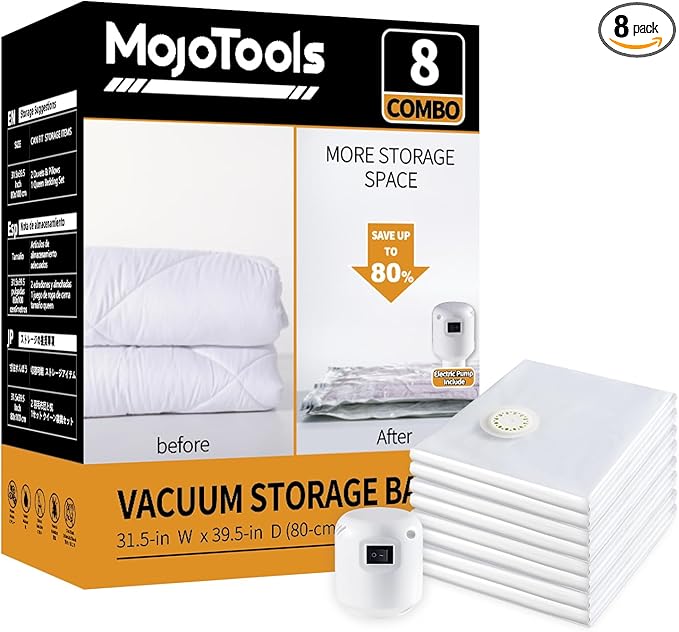 MoJoTools Vacuum Storage Bags with Electric Pump,8 Extra Large Jumbo storage Space Saver Bags (40x31 Inch) for Bedding,Comforters,Blankets,Clothing,Pillows,Jackets,Coats,Vacuum Seal Bags for clothing