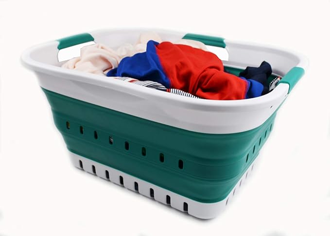 SAMMART 30L (8 Gallon) Collapsible 3 Handled Plastic Laundry Basket - Foldable Pop Up Storage Container/Organizer - Space Saving Hamper/Basket (White/Dark Green)