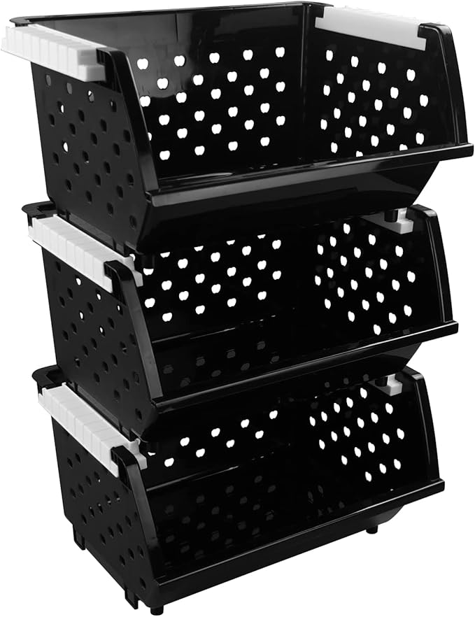 3-Pack Plastic Stackable Organizer Basket, Stacking Storage Basket, Black