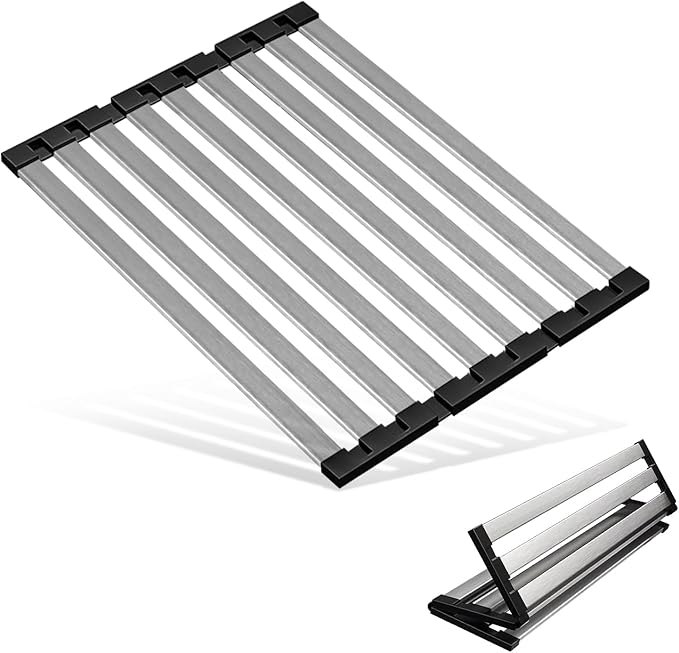 TIKNIK Dish Drying Rack, 19.7" X 13" Over Sink Drying Rack, Kitchen Roll Up 304 Stainless Steel Drain Rack, Roll Up for Kitchen and RV Sinks, Black