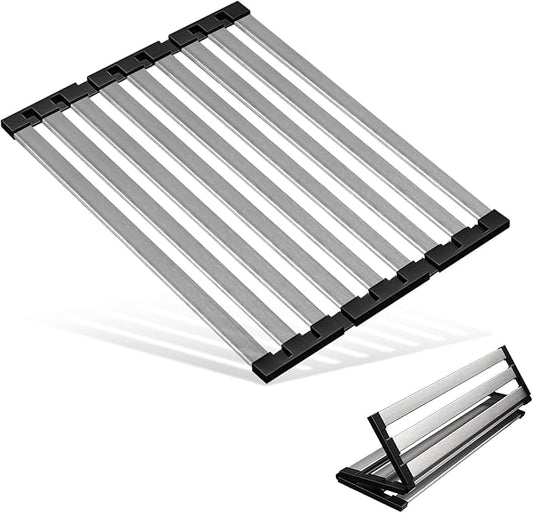 TIKNIK Dish Drying Rack, 19.7" X 13" Over Sink Drying Rack, Kitchen Roll Up 304 Stainless Steel Drain Rack, Roll Up for Kitchen and RV Sinks, Black