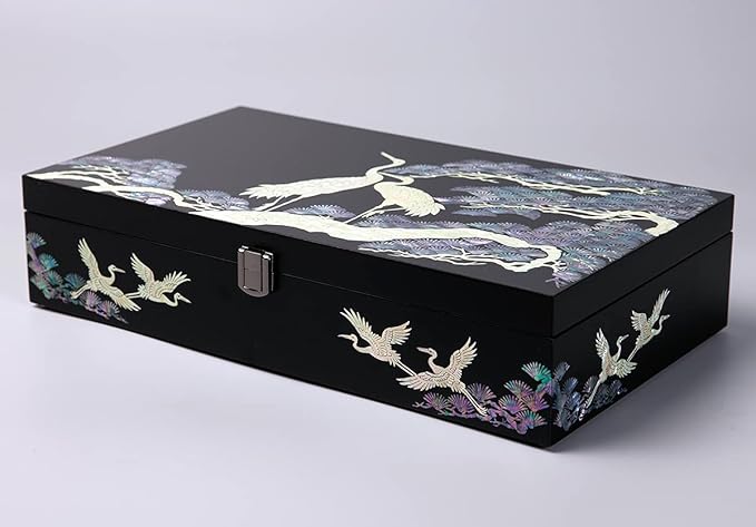 Antique Alive Mother of Pearl Wood Sunglasses Box Eyeglasses Valet Display Storage Case for Glasses, Watches, Jewelry, Trinkets Wooden Accessory Organizer Gift (Crane & Pine Black)