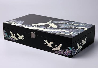 Antique Alive Mother of Pearl Wood Sunglasses Box Eyeglasses Valet Display Storage Case for Glasses, Watches, Jewelry, Trinkets Wooden Accessory Organizer Gift (Crane & Pine Black)