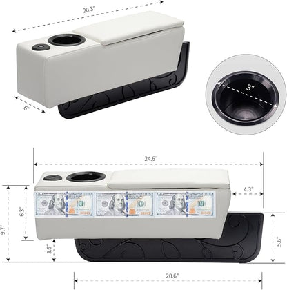 Sofa Armrest with Cup Holder, PU Leather Multifunctional Couch Arm Rest Insert, Removable Couch Caddy with Storage, Equipped with LED Reading Light & Wireless Charge Stand