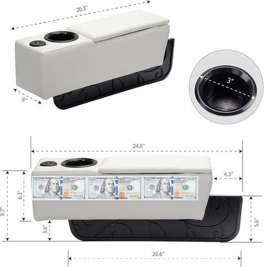Sofa Armrest with Cup Holder, PU Leather Multifunctional Couch Arm Rest Insert, Removable Couch Caddy with Storage, Equipped with LED Reading Light & Wireless Charge Stand