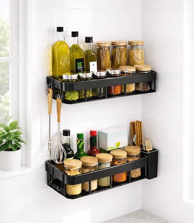 Spice Rack Wall Mount, Adhesive No Drill Wall Mounted Spice Rack for Kitchen & Pantry, 2 Pack Stainless Steel Organizer with Hooks, Renter Friendly