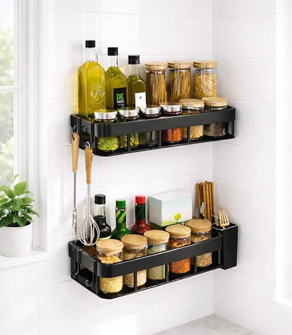 Spice Rack Wall Mount, Adhesive No Drill Wall Mounted Spice Rack for Kitchen & Pantry, 2 Pack Stainless Steel Organizer with Hooks, Renter Friendly