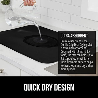 GORILLA GRIP Ultra Water Absorbent Microfiber Dish Drying Mat, 18x32, Quick Dry Thick Mesh, Slip Resistant Pad for Sink Dishes or Under Rack, Kitchen Counter Accessories, Machine Wash Mats, Black
