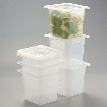 CURTA 6-Pack 1/6 Size 6" Deep Food Pan with Handled Lid – NSF Listed Commercial-Grade Translucent Polypropylene, Stackable Freezer-safe Storage for Restaurants, Catering & Buffets
