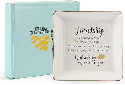 HOME SMILE Best Friends Ring Dish Decorative Tray-Friendship Present-Sentimental Inspirational Gift for Cheer Up Women-Friends Are A Place Where We Can Go,I’m Lucky My Friend is You