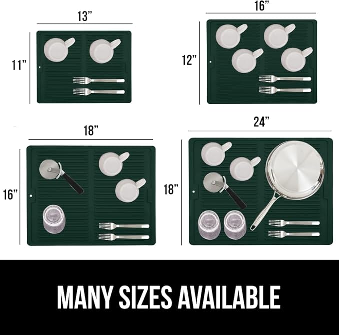 GORILLA GRIP 100% BPA-Free Silicone Dish Drying Mat for Kitchen Counter, 18x24, Quick Dry, Water Catching Ribbed Design, Easy Clean Waterproof Sink Liner, Heat Resistant, Fits Under Rack, Hunter Green