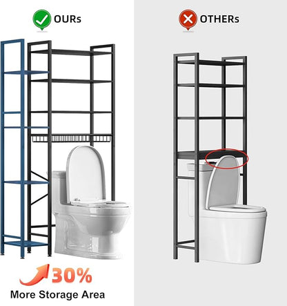 Kalrin 8-Tier Over The Toilet Storage with Side Rack, Over Toilet Storage Rack with Adjustable Shelf & Drain Basket, Freestanding Bathroom Organizer for Balcony, Laundry (Pure Black)