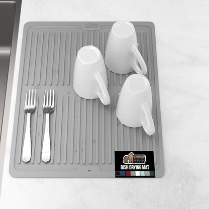 GORILLA GRIP 100% BPA-Free Patented Silicone Dish Drying Mat for Kitchen Counter, Water Catching Ribbed Design, Easy Clean Waterproof Sink Liner, Heat Resistant, Fits Under Rack, 12x16 Inch, Gray