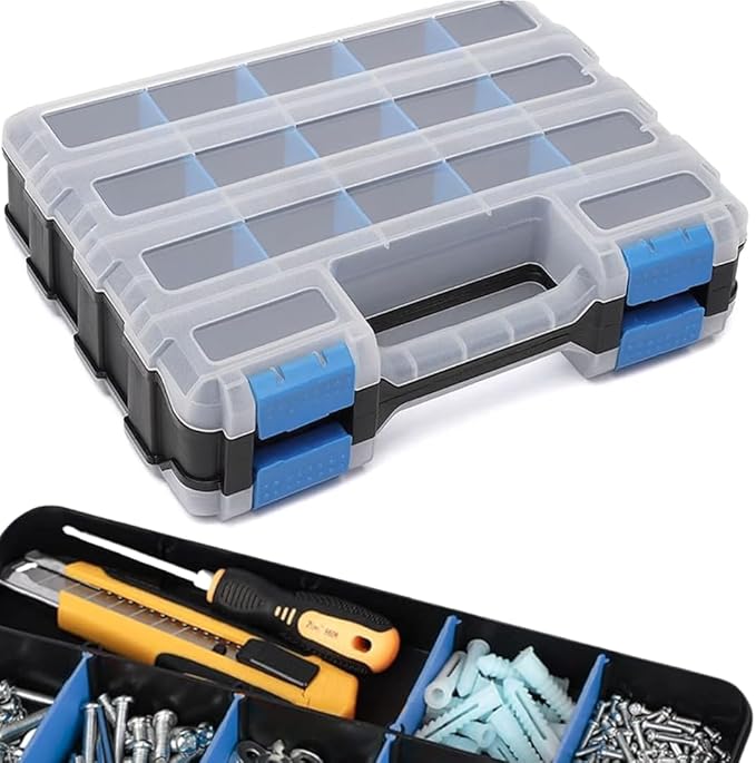 Andalus Tools Organizer Box, Small Parts Storage 34-Compartment Double-Sided Portable Hardware Organizer Removable Plastic Dividers for Screws, Nuts, Bolts, Nails – Blue (1 Pack, 12.5" x 10.5" x 3")