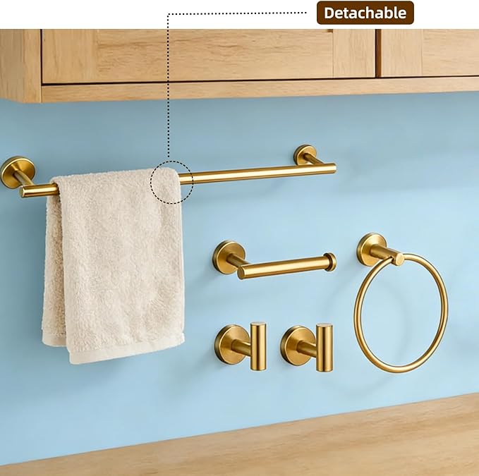 5Pcs Brushed Gold Bathroom Hardware Towel Bar Accessories Set 23.6 Inch SUS304 Stainless Steel Bath Towel Racks with Toilet Paper Holder Shelf for Bathroom Kitchen Wall Mounted, Middle Removable