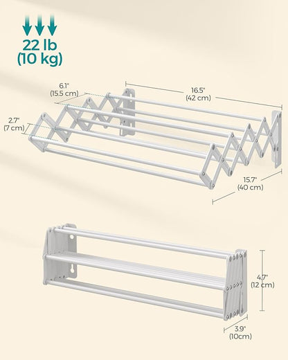 SONGMICS Clothes Drying Rack, Wall-Mounted Drying Rack Clothing, Small Accordion Laundry Rack, 9 Staggered Hanging Rods, Expandable and Retractable, Cloud White ULLR802W01