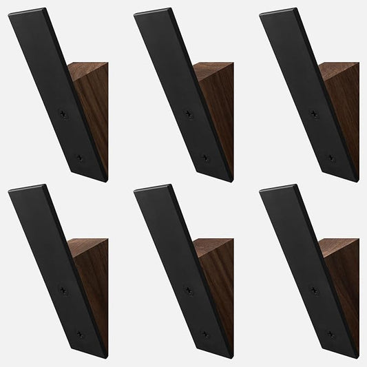 Homeforia Walnut Wood Coat Hooks, High End Walnut Wood & Black Metal Wall Mounted Coat Hooks, Mid-Century Modern Clothes Hooks, Heavy Duty Wooden Hooks for Hanging Coats, Hats, Towels & More, Set of 6