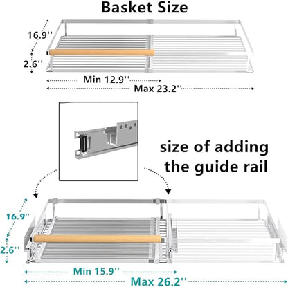 Pull Out Cabinet Shelf, Slide Out Cabinet Organizer Heavy Duty Under Sink, Anti Rust Kitchen Organizer Basket, Smooth Roll Expandable Sliding Drawer, 2 Pack Chrome 15.9''-26.2''