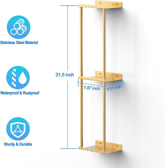 Towel Rack for Bathroom, Wall Mounted Vertical Rolled Towel Storage Organizer Holder with Shelf, Holds Up 6 Large Bath Sheets, Gold