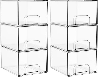 4.4" Tall Small Clear Acrylic Stackable Storage Drawers for Vanity,Under Sink,Bathroom Closet,Medicine Cabinet Organization and Plastic Storage Bins for Organizing Makeup,Baby Bottles,Pacifier,6 PCS