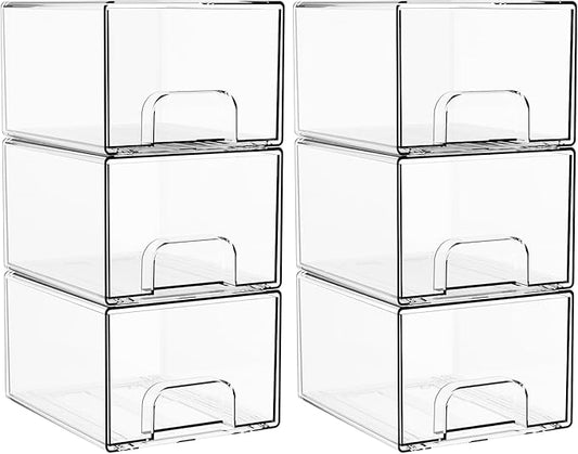 4.4" Tall Small Clear Acrylic Stackable Storage Drawers for Vanity,Under Sink,Bathroom Closet,Medicine Cabinet Organization and Plastic Storage Bins for Organizing Makeup,Baby Bottles,Pacifier,6 PCS