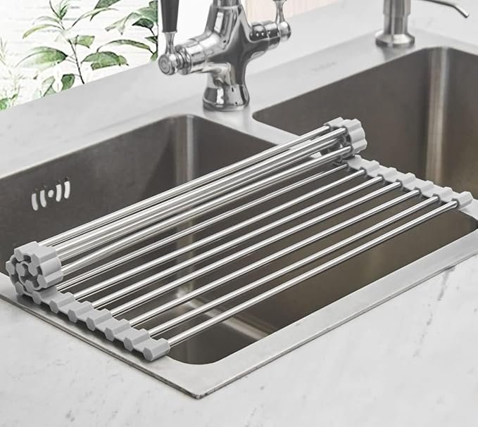 Ahyuan Roll up Dish Drying Rack Over The Sink Kitchen Roll up Sink Drying Rack Portable Dish Drainer Foldable Dish Drying Rack (Warm Gray, 17.8''X11.8'')
