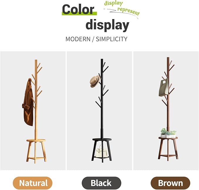 BMOSU Coat Rack freestanding Stand with 2 Shelves Bamboo Wooden Coat Tree Easy Assembly 8 Hooks Standing Jackets Hanger Hallway Office Floor Coat Stand Nature