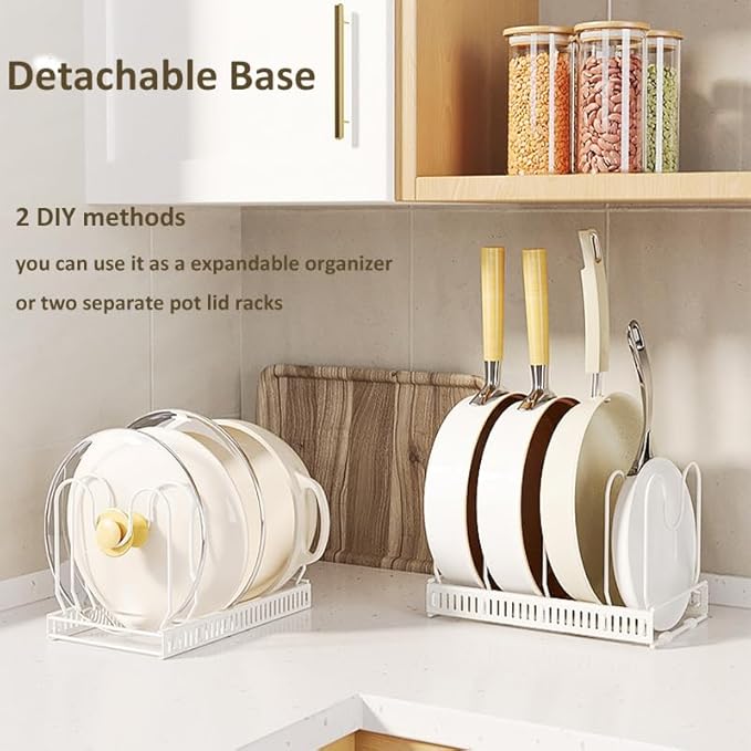 WUETOAYA Expandable Pots and Pans Organizer Rack, Pot Lid Kitchen Cabinet Organizer Holder with 10 Adjustable Compartment, Cookware Rack for Kitchen Cabinet Storage, White