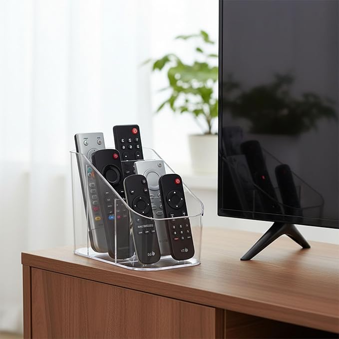 Remote Control Holder, Clear Plastic TV Remote Caddy for Desk and Nightstand Storage, Space-Saving Desk Organizer with See-Through Design for Living Room and Office Desk Accessories, 3 Compartments