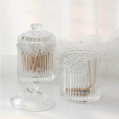 rejomiik 2 Pack Qtip Holder Glass Apothecary Jars with Lids Bathroom Accessories Vanity Organizers and Makeup Storage Canister for Cotton Swabs, Balls, Pads, Floss Picks, Candy, Clear