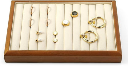 Solid Wood Jewelry Ring Display Tray Jewelry Drawer Organizer Showcase Display Organizer Tray for Rings Stud Earrings(Beige)