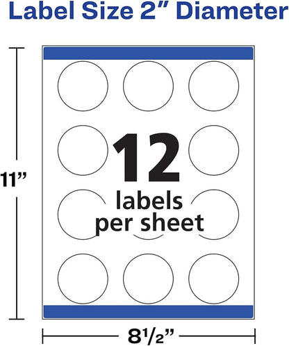 Avery Round Labels, 2" Diameter, Sure Feed Technology, Print-to-The-Edge, Easy Peel, Laser/Inkjet, Permanent, 120 Blank Circle Labels Total (22612) (Pack of 2)