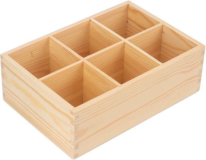 Wood Pen Holder, Unfinished Wooden Remote Control Pencil Holder Caddy, Rustic Table Organizer with 6 Compartments for Art Supplies, Pen, Phones, Home, Office, School Desktop