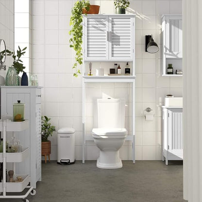 SONGMICS Over The Toilet Storage Cabinet, Bathroom Cabinet with Adjustable Inside Shelf and Bottom Stabilizer Bar, Space-Saving Toilet Rack, Cloud White UBTS010W01